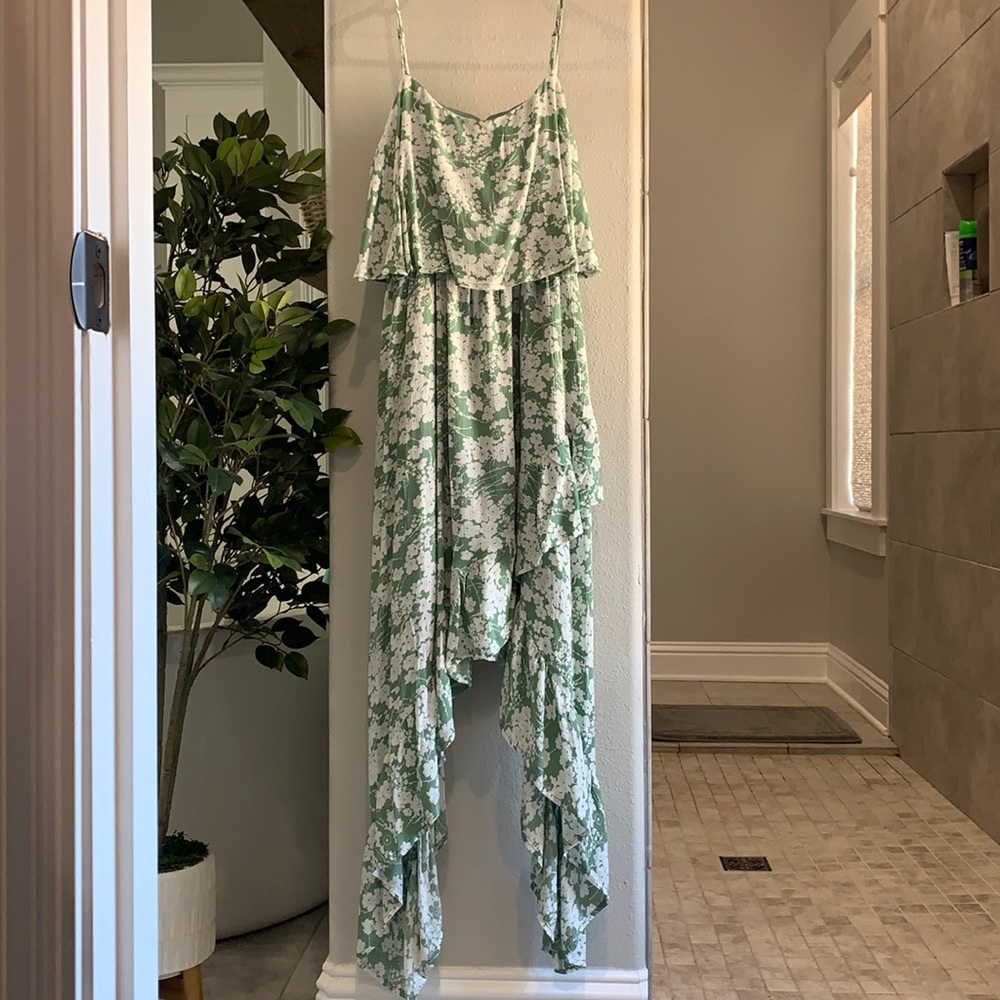 Green floral print high low dress